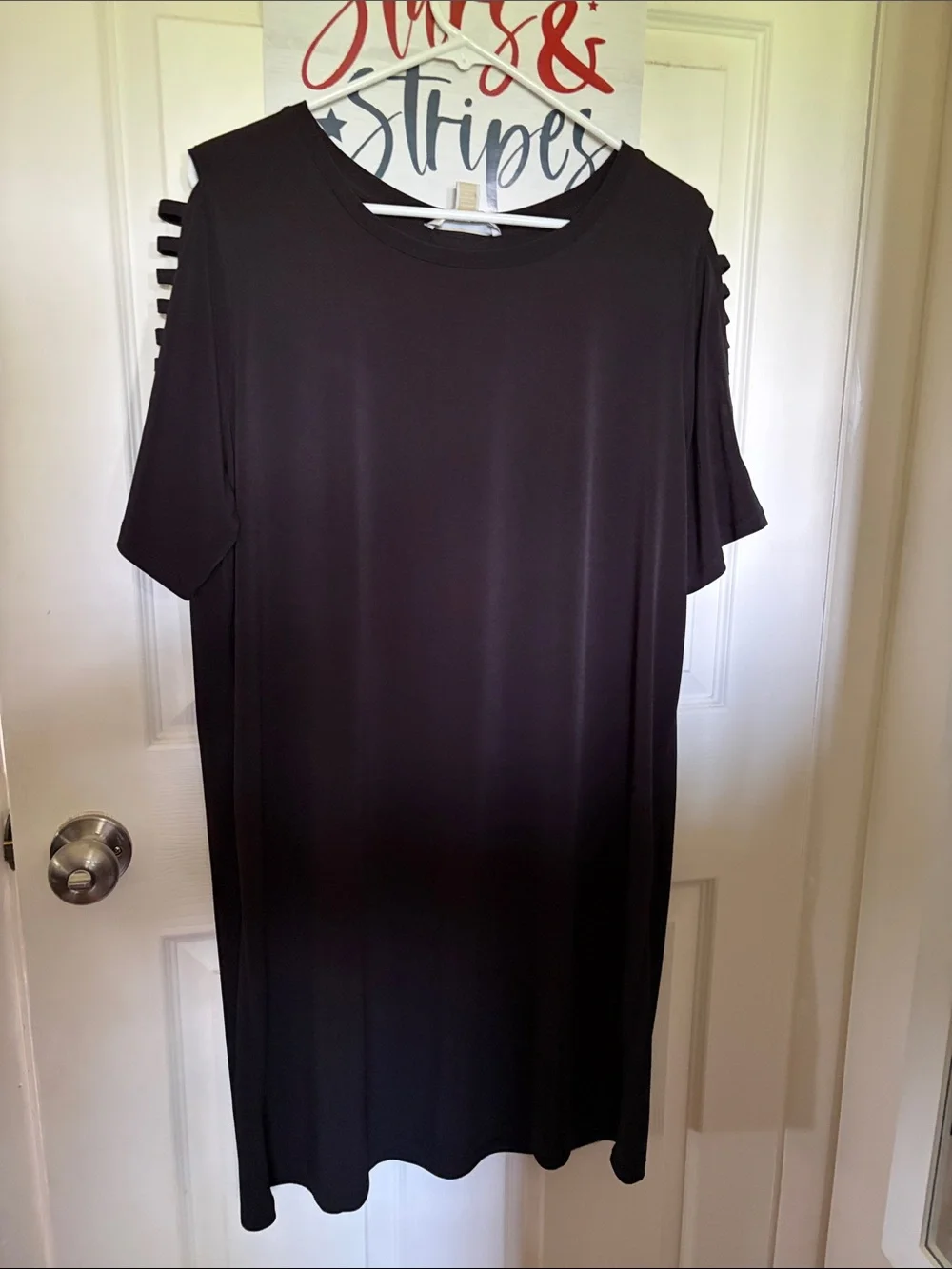 Michael Kors Black Midi Shift Dress with Ladder Shoulder Detail